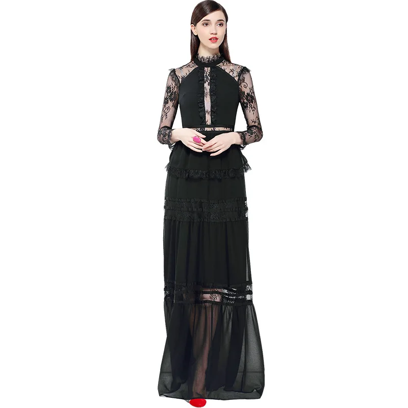 Женское ажурное Кружевное платье макси розовое Черное длинное с длинным рукавом