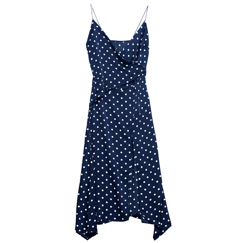 Платье в горошек с разрезом на бретелях асимметричное женское платье миди