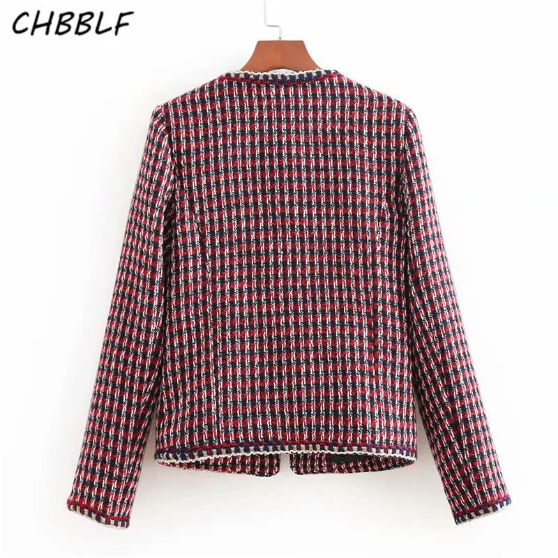 CHBBLF vintage tweed клетчатая куртка пальто карманы украшения Длинные рукава Ретро