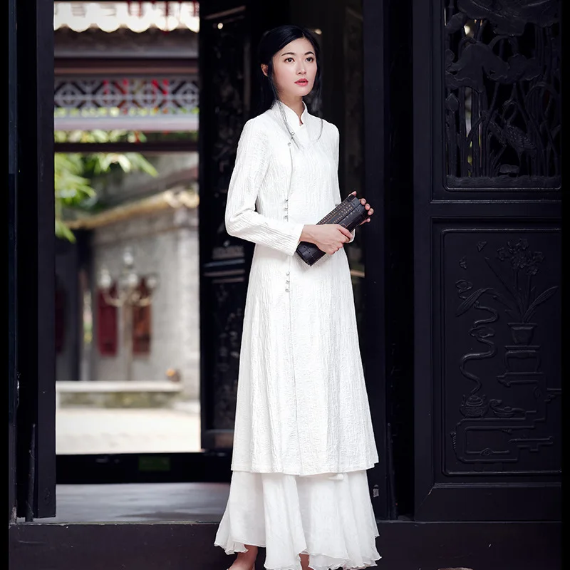 Long Sleeve White Solid Dress Spring Fall Women Dresses Vintage Chinese Cheongsam Linen Qipao Robe Femme Vestido | Тематическая