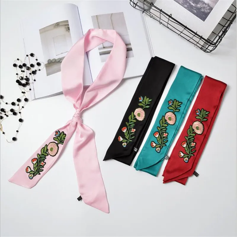 

New Women Skinny Scarf Faux Silk Wrap Solid Color Red Pink Bag Handle Ribbons Head Tie Band Neckerchief Scarves Shawls