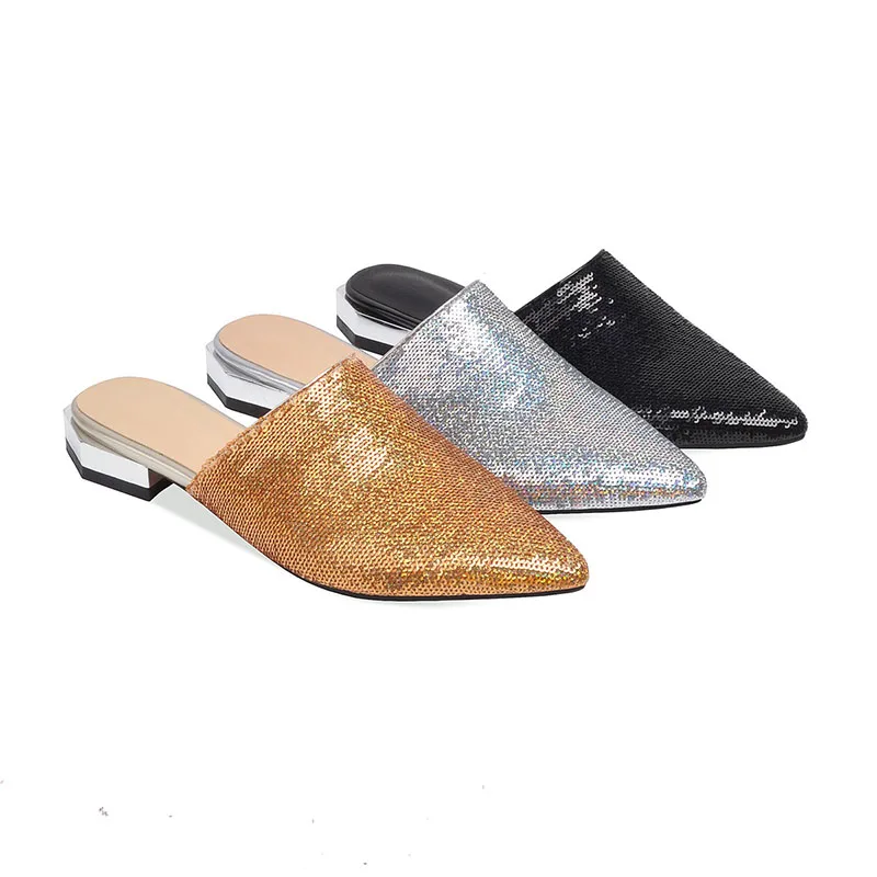 WETKISS Sequined Slippers Women Pointed Toe Footwear Slides Bling Shoes Female Low Heels Mules Woman Summer Plus Size 48 | Обувь