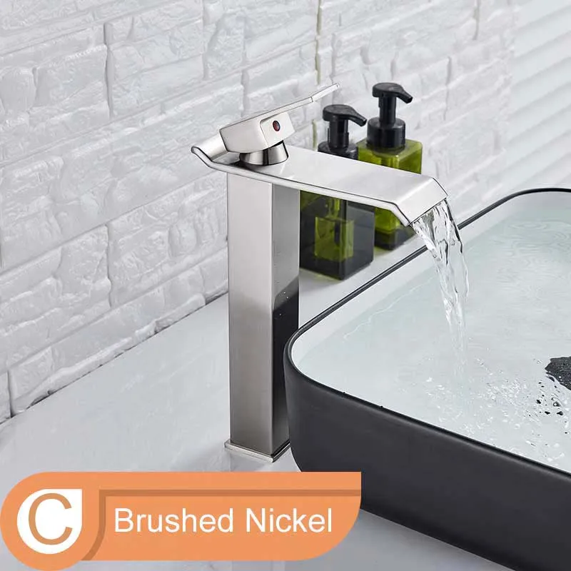 Brushed Nickel B Квадратный хромированный кран для раковины и раковины, смеситель для ванной комнаты с одной ручкой и широким носиком, кран для раковины Fauet, кран для горячей и холодной воды - Цвет: Brushed Nickel B