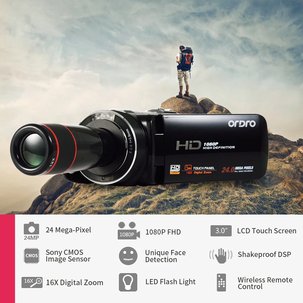 Ordro видеокамера HDV Z18 Plus 1080P FHD Цифровая запись с 12X телеконвертером дистанционное