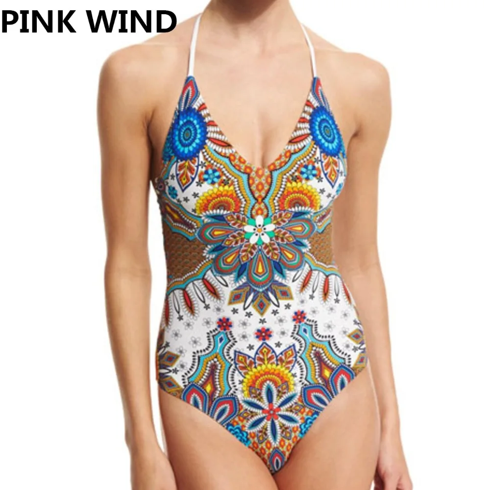 Женский слитный купальник розовый в стиле ретро с ацтекским принтом сексуальный