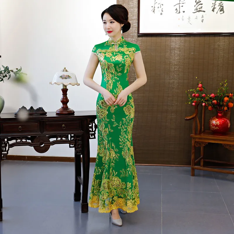 

Зеленое винтажное свадебное платье в китайском стиле, длинное свадебное платье в стиле ретро, Ципао, вечернее платье для вечеринки, S-4XL