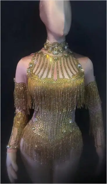 Glisten Big Rhinestones Spandex Bodysuit Gold Tassel Women's Costume Birthday Celebrate Outfit Singer Dance Show Evening Wear