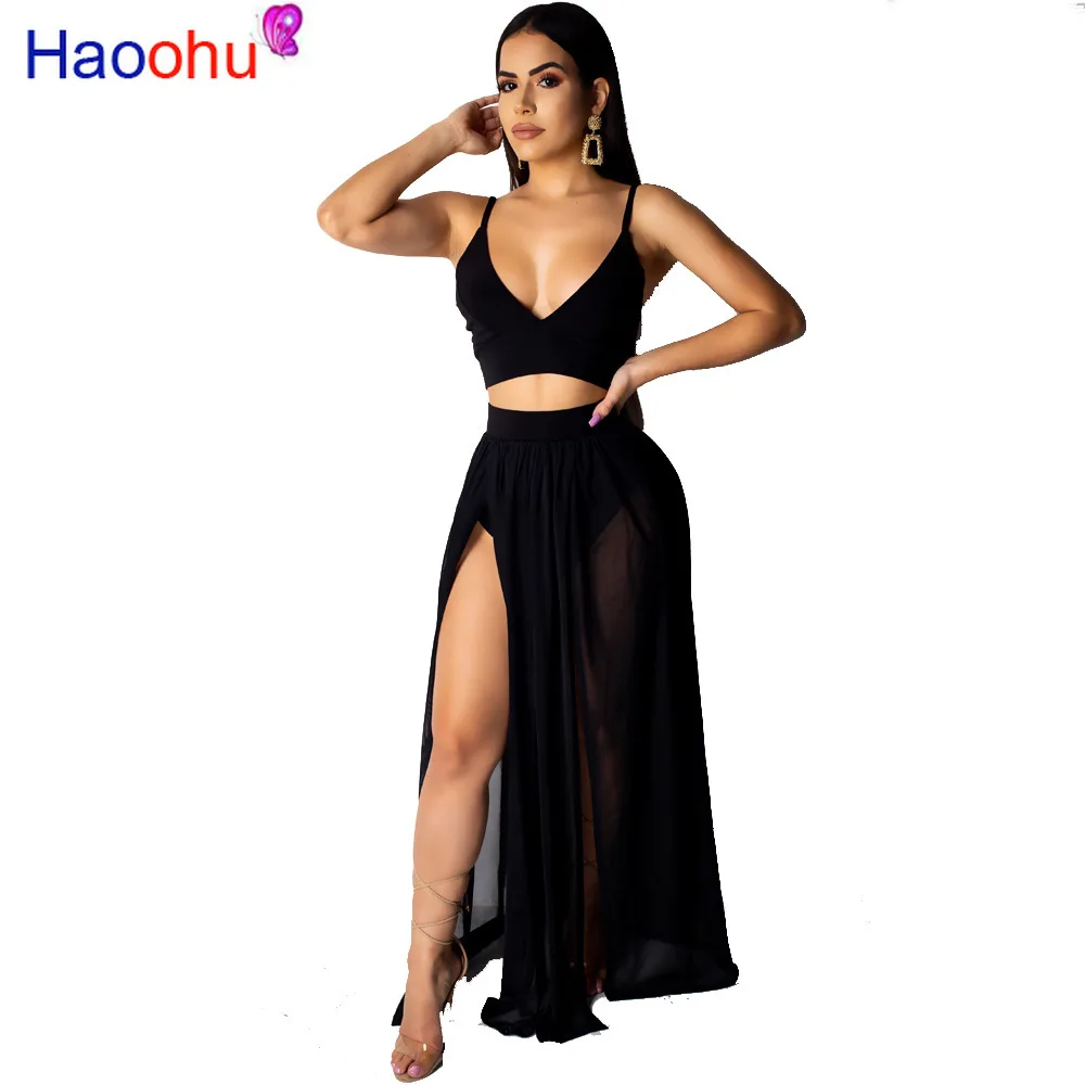 

HAOOHU Sexy chiffon crop top two-piece suit high split long dress Women spring v-neck sleeveless holiday dress Summer dress