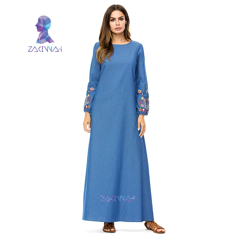 Платья с цветочной вышивкой мусульманское платье из джинсовой ткани Abayas для
