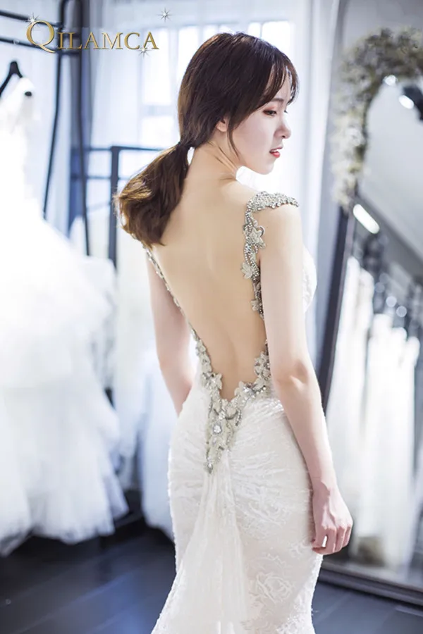 2018 Новые Свадебные платья Русалка с длинным шлейфом Открытой Спиной Кружевные