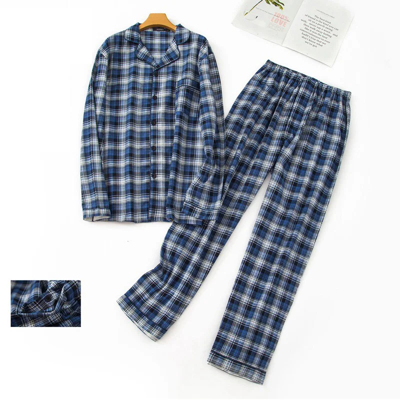 

Sexy plaid 100% brushed cotton pajamas sets Mens autumn long-sleeve sleepwear for Male plus size pijamas hombre pyjamas