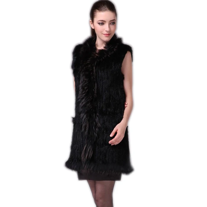 Harppihop Fur vest Women knitted real genuine real rabbit fur vest  overcoat pocket garment & raccoon collar without hood