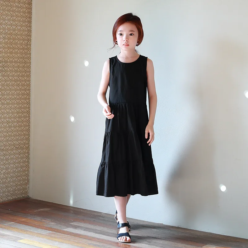 2021 Одежда для девочек-подростков платья без рукавов черный длинный сарафан из 100%