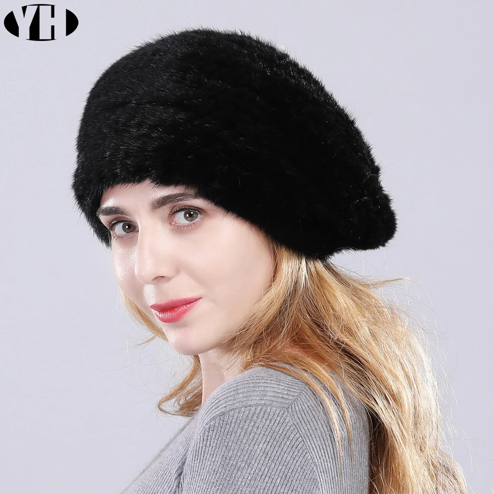 2019 new arrive women real mink fur Berets 100% handmade knit hat brand winter casual caps hot sale | Аксессуары для одежды