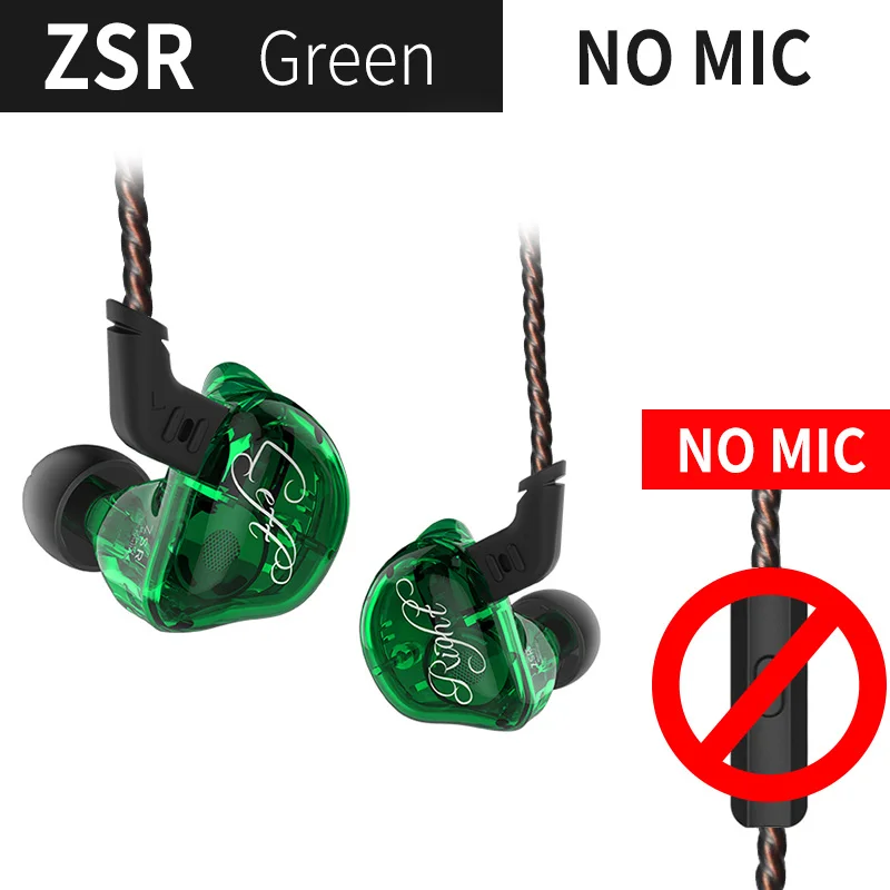 green no mic KZ ZSR наушники-вкладыши сбалансированная арматура и динамическая гибридная игровая гарнитура Hifi наушники с шумоподавлением басов ED12 ES4 ZS6 T2 - Цвет: green no mic