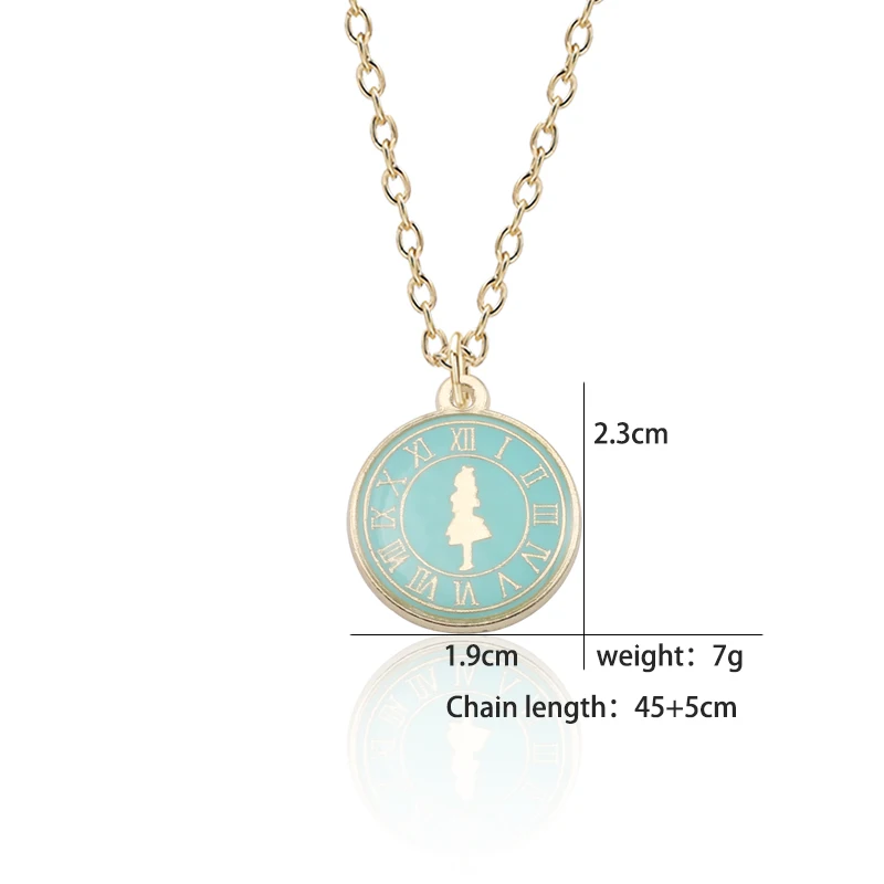 

Cartoon Alice Girl Clock Necklace For Women Girls Gold Chain Enamel Round Pendant Alice In Wonderland Movie Jewelry Collares
