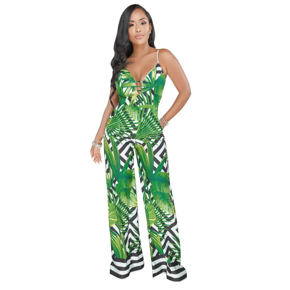 OKAYOASIS Summer Vacation 2018 Spaghetti Strap Boho Jumpsuit High Waist Leaf Print Wide Leg Cami Palazzo Women | Женская одежда