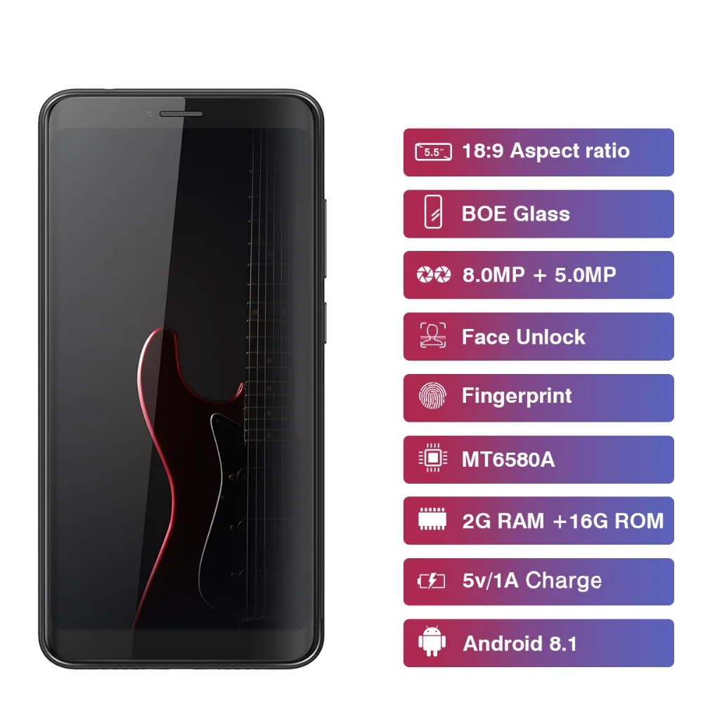Bluboo D6 5.5 inch 18:9 Screen Smartphone Android 8.1 8MP Dual Camera 2GB RAM 16GB ROM MTK6580A 2700mAh Face ID Mobile Phone | Мобильные