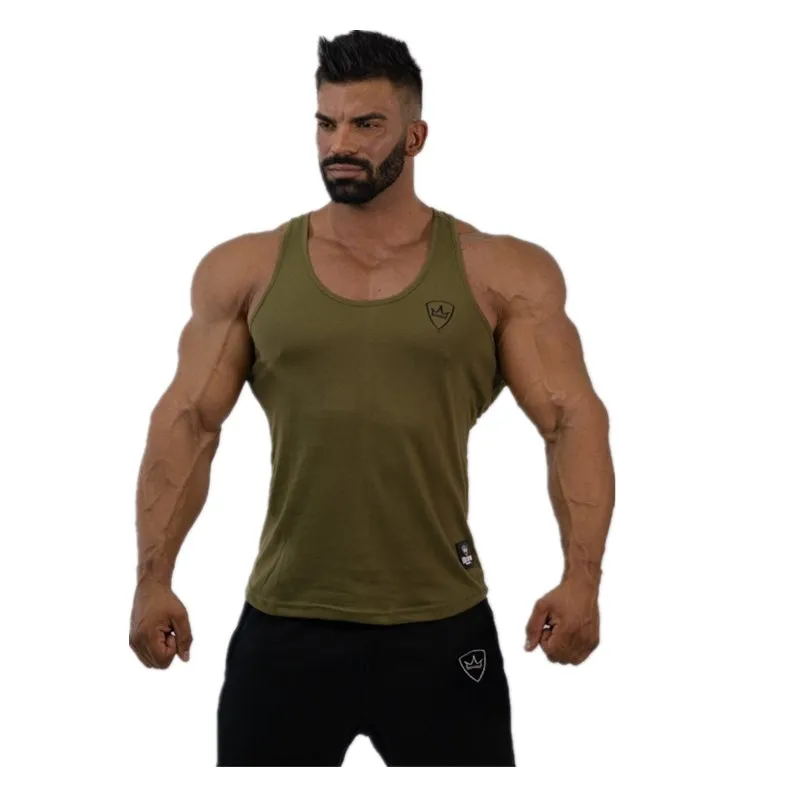 Army green Новая летняя Хлопковая мужская майка без рукавов, мужские тренажерные залы, фитнес бегуны, колготки, повседневная одежда для бодибилдинга, спортивная одежда - Цвет: Army green