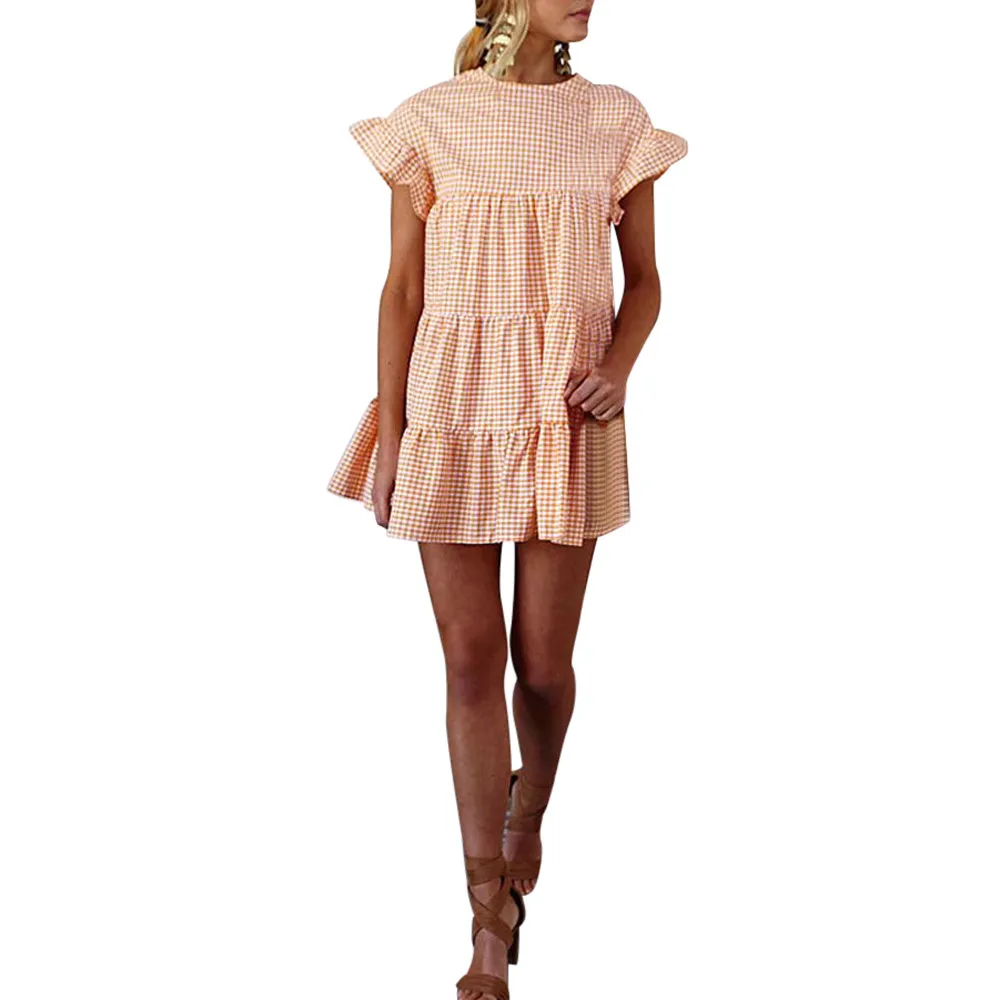 2019 Fashion Women Dress Generous Ladies Plaid Printing Round Neck Short Sleeve Elegant Summer Mini Party A# | Женская одежда