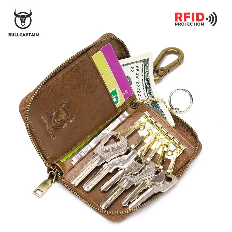 

Genuine Leather Short Wallets Men Key Holder Housekeeper Keys Organizer Women Key Chain Covers Zipper Key Case Bag Pouch Purses