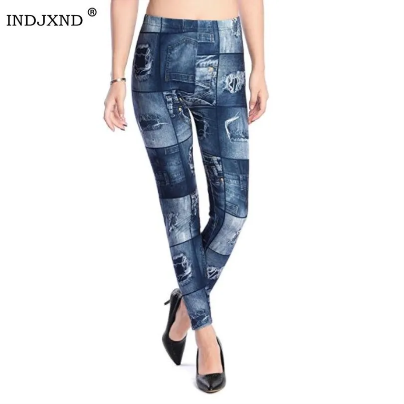 

INDJXND Womens Denim Leggings New Hole Trousers High Waist Pants Retro Casual High Resilience Women Fitness Print Legging Female