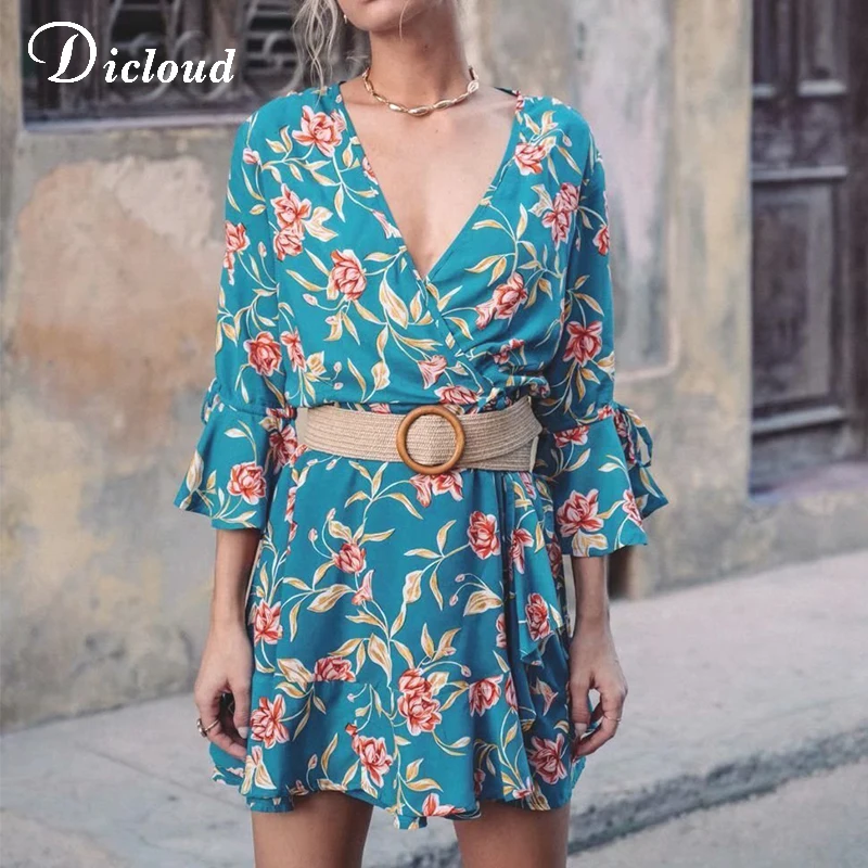DICLOUD элегантные платья с v образным вырезом и оборками Boho женские летние