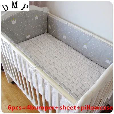 

6PCS Crown Baby Cot Bedding Crib Set 100% Cotton Kids Crib Bumper Baby Cot Sets (4bumper+sheet+pillow cover)