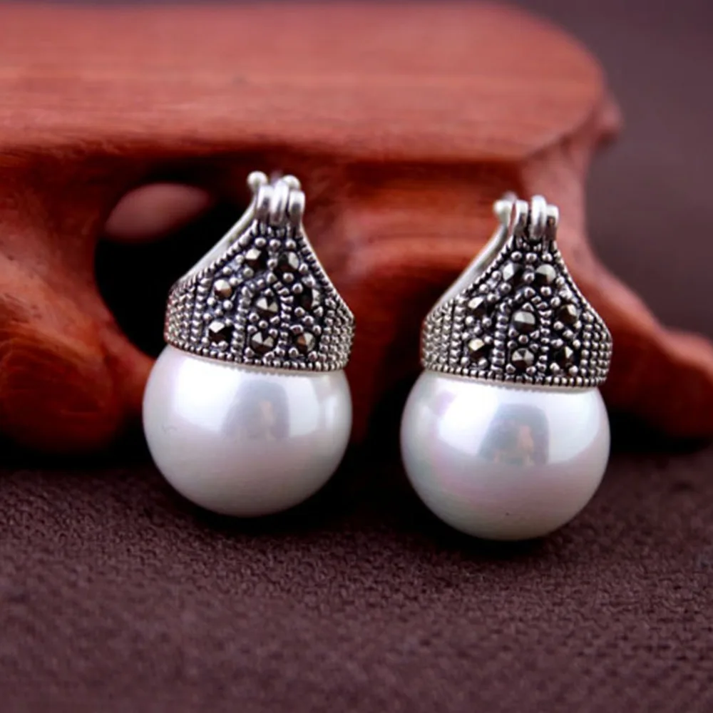 

Jade Angel 925 Sterling Silver Shell Pearl Drop Hoop Earrings Thai Vintage Jewelry alentine's Day Gifts Birthday Gifts