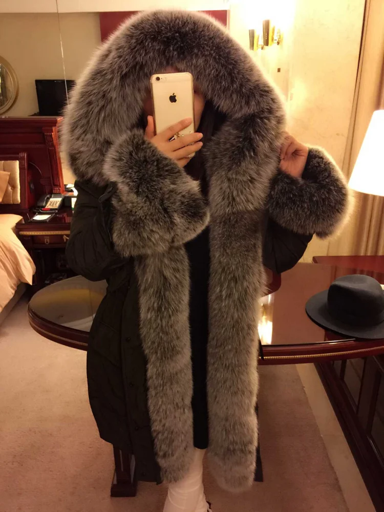 

luxurious 2020 winter new fashion genuine large silver fox fur collar hood long goose down coat for women black plus oversize xl