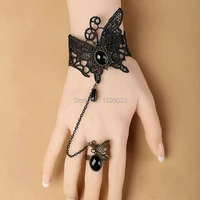 elegant black lace butterfly charm bracelets for women young girls classic wristband gothic hand jewelry with ring