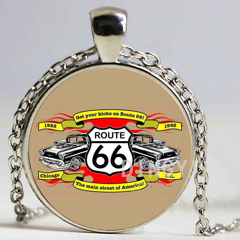 Новый маршрут США 66 серебро Цвет ожерелье подвесной стеклянный купол Кабошон