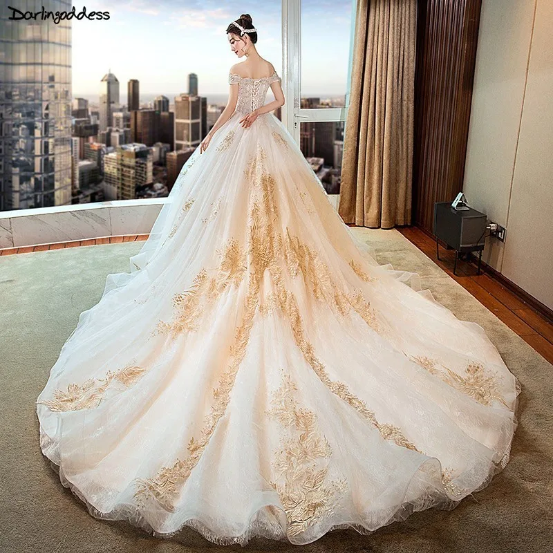 Свадебное платье цвета шампань с открытыми плечами с короткими рукавами Vestido De Noiva винтажное Золотое кружевное свадебное платье плюс размер длинный хвост