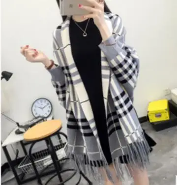 Plaid Grey Большой черный с серым шарфом, зимнее Вязаное пончо, женское одноцветное 70*210 см, рукав летучая мышь, шаль в винтажном стиле - Цвет: Plaid Grey