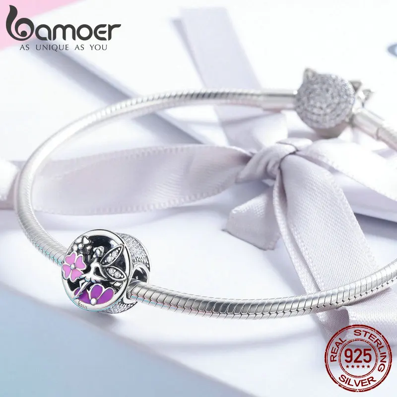 BAMOER, модный 925 пробы, Серебряный сад, цветок, фея, Розовая эмаль, прозрачный CZ бисер, подходит для браслета, ожерелья, ювелирные изделия SCC823