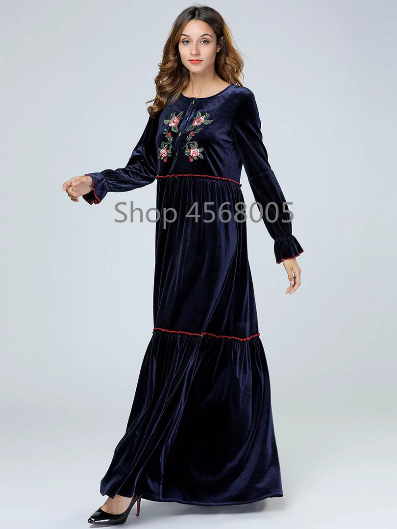 Бархат abaya s Вышивка темно-синие женские мусульманские платья плюс размер халат
