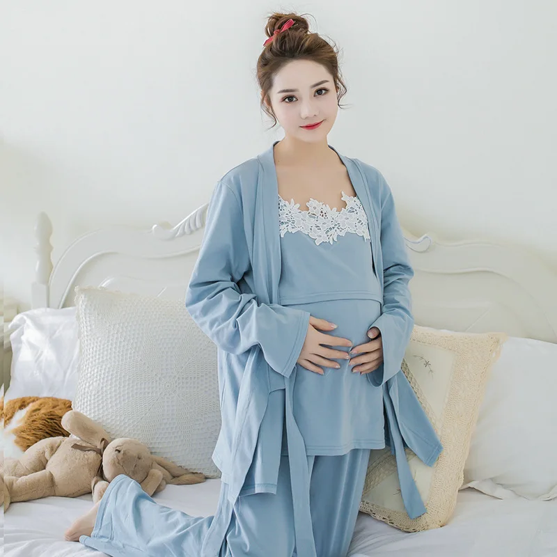 

Cotton Pregnant Women Nursing Nightgown Sets Cardigan+Camisole+Trousers Three-piece Sleepwear V-down Collar Maternity Pajamas