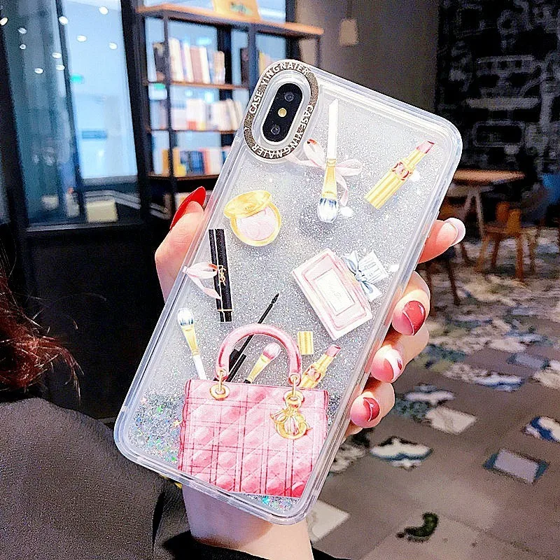 Косметический чехол с сияющими блестками чехол для iPhone 7 XS Max XR X 6 8 Plus жесткая динамическая жидкая косметика Помада флакон для парфюма чехол для телефона