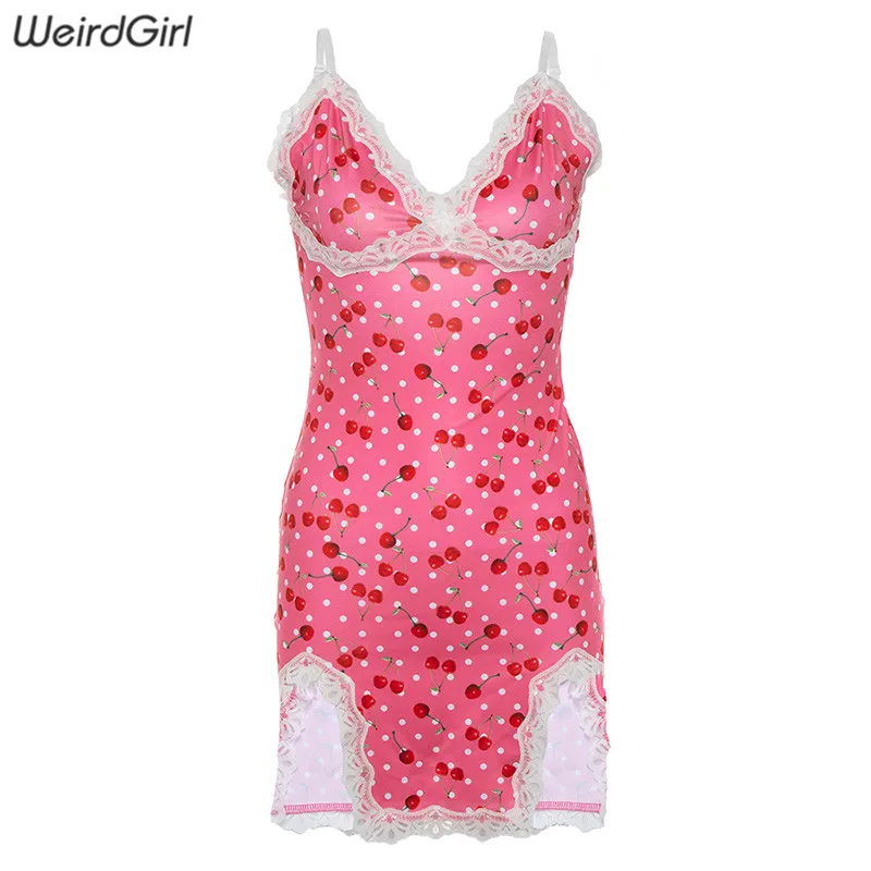 Weirdgirl women lace up cherry dot print sexy dress slip slit cute girl pink vestidos sleeveless v-neck bodycon femme short mini - Цвет: Розовый