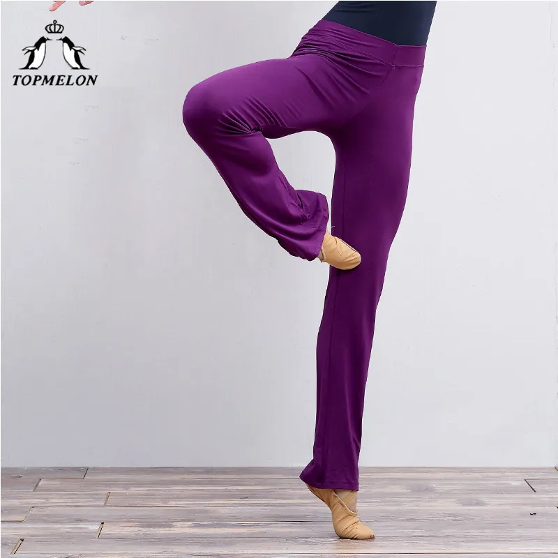 TOPMELON Pants for Ballet Dance Cotton Long Bell Bottom Trousers Women Flexible Stretch Fitness Yoga Dancing Pants Black Grey - Цвет: Фиолетовый