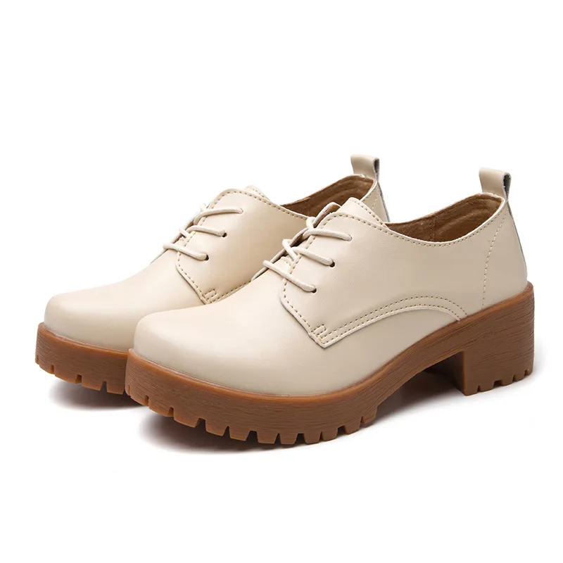 Beige Oukahui/Весенняя женская обувь на плоской платформе в британском стиле; Новинка; Женские Кожаные Туфли-оксфорды на среднем толстом каблуке с круглым носком; обувь на плоской платформе - Цвет: Beige