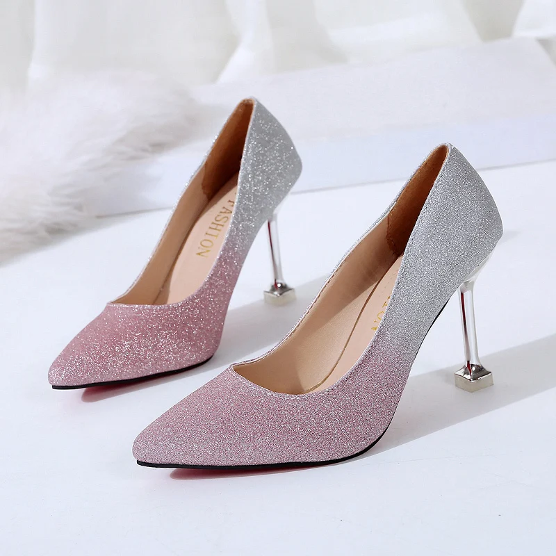 Ins Girls High-heeled Shoes Fashion Women Wedding Wild Pointed Toe Shallow Mouth Silver Sequins Thin Heels | Обувь