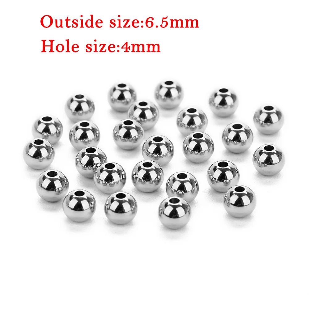 6.5mm with 4mm hole 50 шт./лот 304 круглые бусины серебристого тона из нержавеющей стали 2, 3, 4, 5, 6, 7, 8 мм с большим отверстием, европейские бусины для ювелирных изделий своими руками - Цвет: 6.5mm with 4mm hole