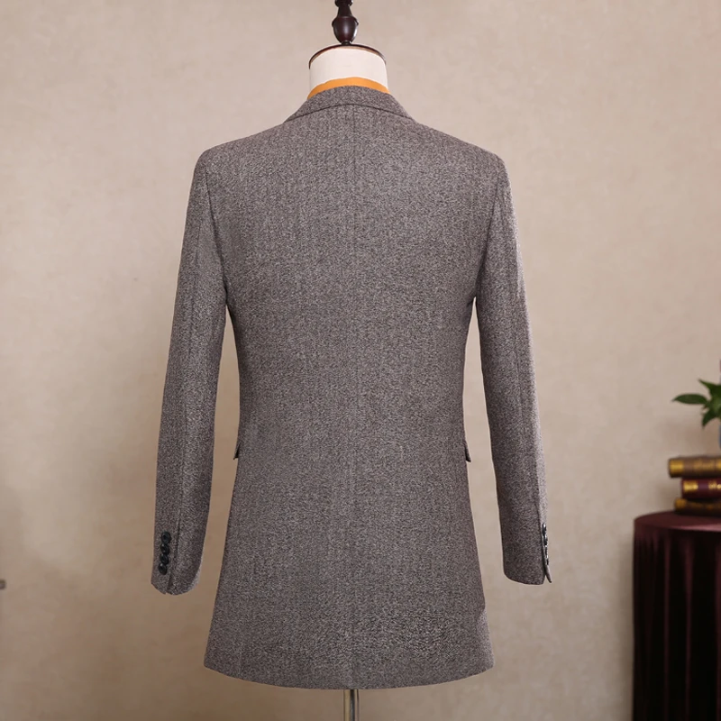 OSCN7 серый шерстяной приталенный длинный костюм для мужчин на заказ сплошной цвет