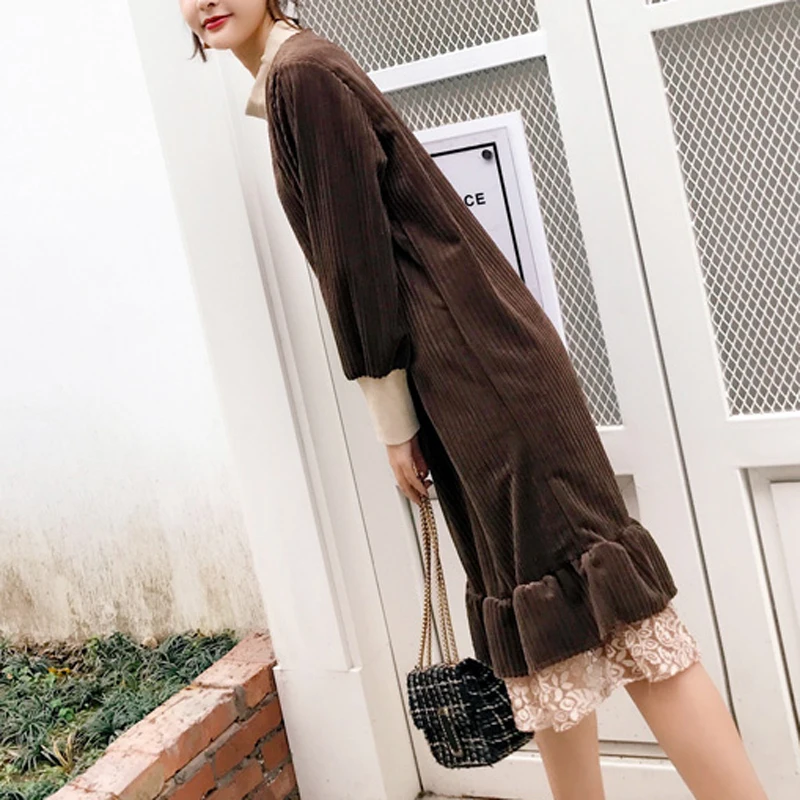 P Ammy Autumn Winter Velvet Thick Hem Stitching Jumper Dress Oversized Solid Color Long Sleeve Tunic Pullover | Женская одежда