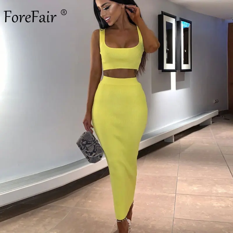 Yellow Dress Forefair женское летнее платье из двух частей, неоновый розовый зеленый оранжевый с открытыми плечами, 2 предмета, вечерние, Клубные, ребристые, трикотажное, сексуальное, миди платье - Цвет: Yellow Dress