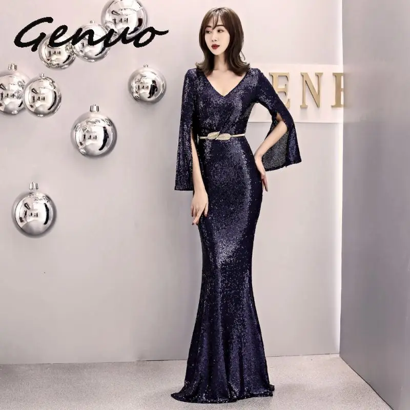 Genuo Elegant Party Dress Women Gold Silver Sequin Evening Party Gown Cloak Sleeves V Neck Belt Sexy Wedding Vestido de fiesta