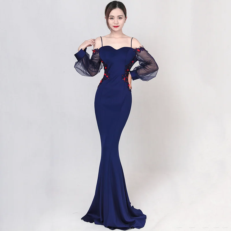 

Blue Cotton & Mesh Floral Appliques Spaghetti Strap Slash Neck Backless Long Lantern Sleeve Sexy Dresses Party Night Club Dress
