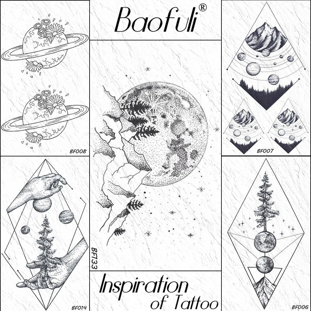

BAOFULI Planet Moon Forest Mountain Temporary Tattoo Sticker Body Art Arm Fake Tatoo Star Mountain Tree Black Tattoos Waterproof