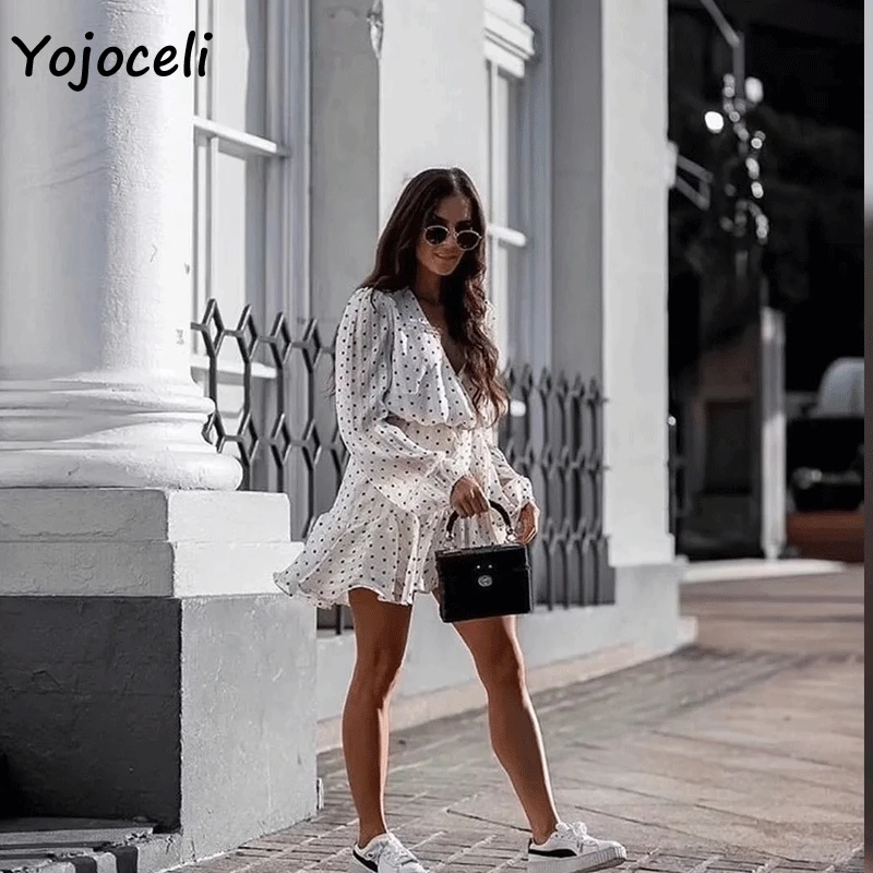 Yojoceli романтическое платье в французский горошек с рюшами boho мини длинным рукавом
